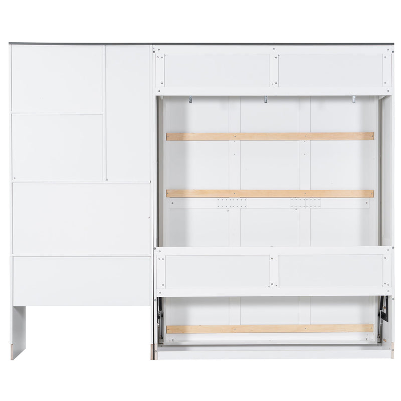 Multi Functional Murphy Bed With Sofa, Desk, And Storage Cabinet, Queen Size - White