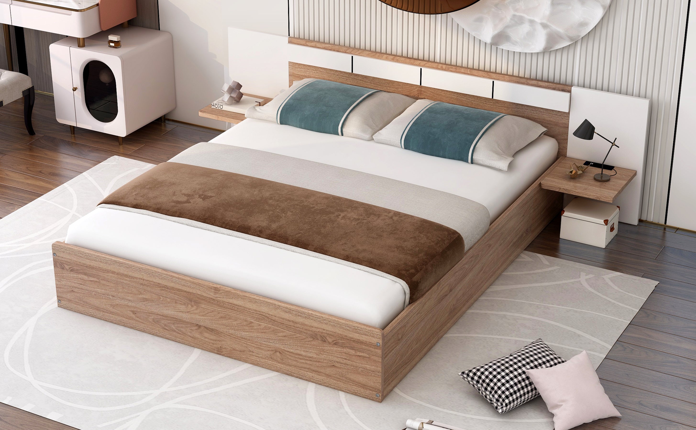 Queen Size Platform Bed with Headboard, Shelves, USB Ports and Sockets, Natural