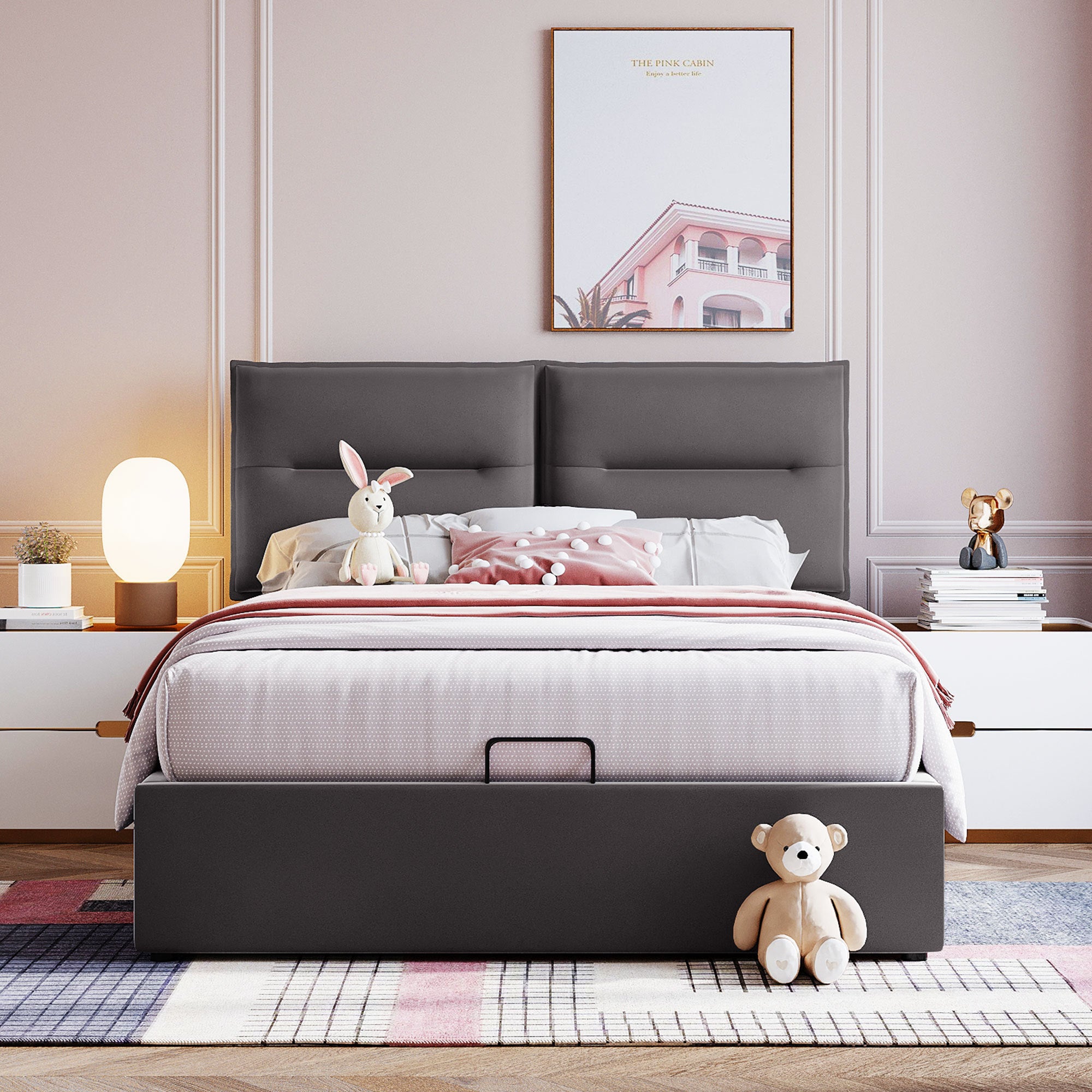 Upholstered Platform bed with a Hydraulic Storage System, Full size, Gray - Atlantic Fine Furniture Melbourne FL