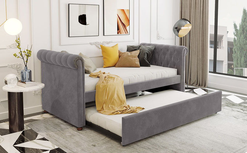 Upholstered Daybed With Trundle, Wood Slat Support