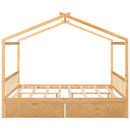 Full Size House Platform Bed with Two Drawers,Headboard and Footboard,Roof Design,Natural