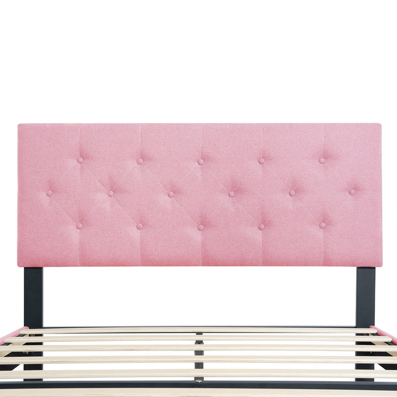 Modern Upholstered Platform Bed Frame With Button Tufted Linen Fabric Headboard
