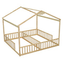 Double Twin House-Style Floor Bed With Fence, Guardrails, Without Door