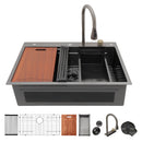 Waterfall Kitchen Sink With Pull Out Faucet & Cup Washer