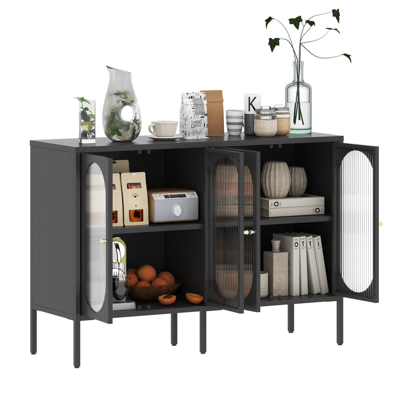 Modern Metal Sideboard Cabinet With 4 Glass Doors, Steel Kitchen Storage And Coffee Bar Cabinet - Black