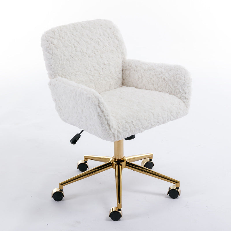 Office Chair, Artificial Rabbit Hair Home Office Chair With Golden Metal Base, Adjustable Desk Chair Swivel Office Chair, Vanity Chair