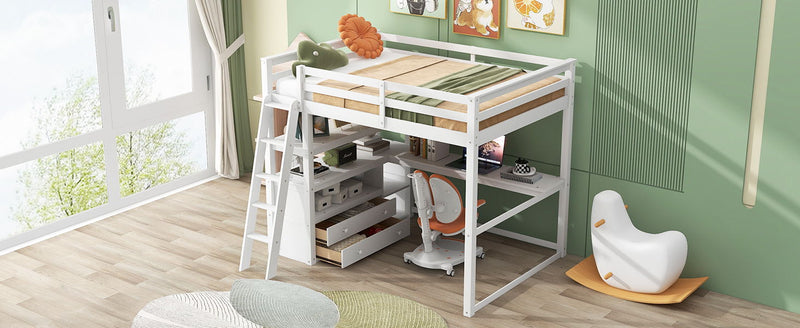 Full Size Loft Bed With Desk And Shelves, Two Built - In Drawers, White
