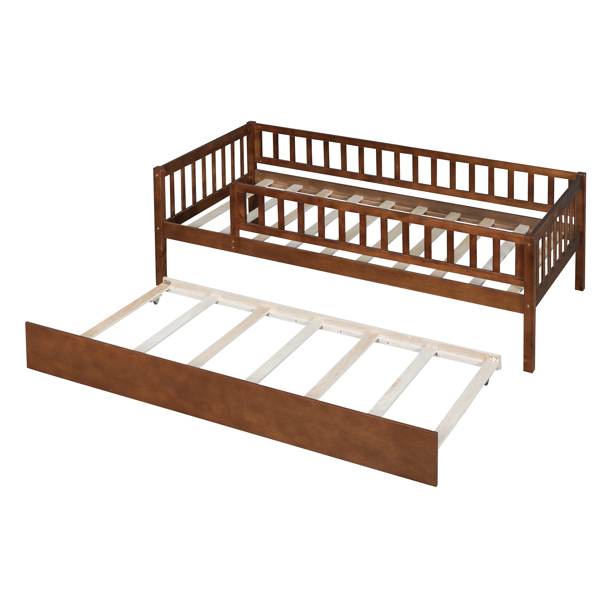 Twin Size Wood Daybed with Trundle and Fence Guardrails, Walnut - Atlantic Fine Furniture Melbourne FL