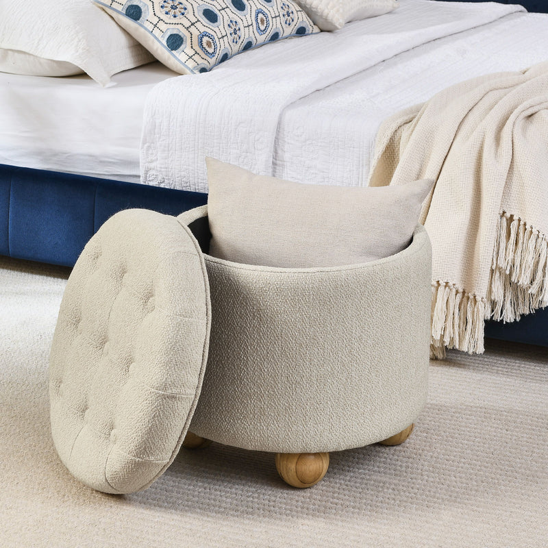 Modern Round Linen Storage Ottoman With Table Top Lid And Storage Space