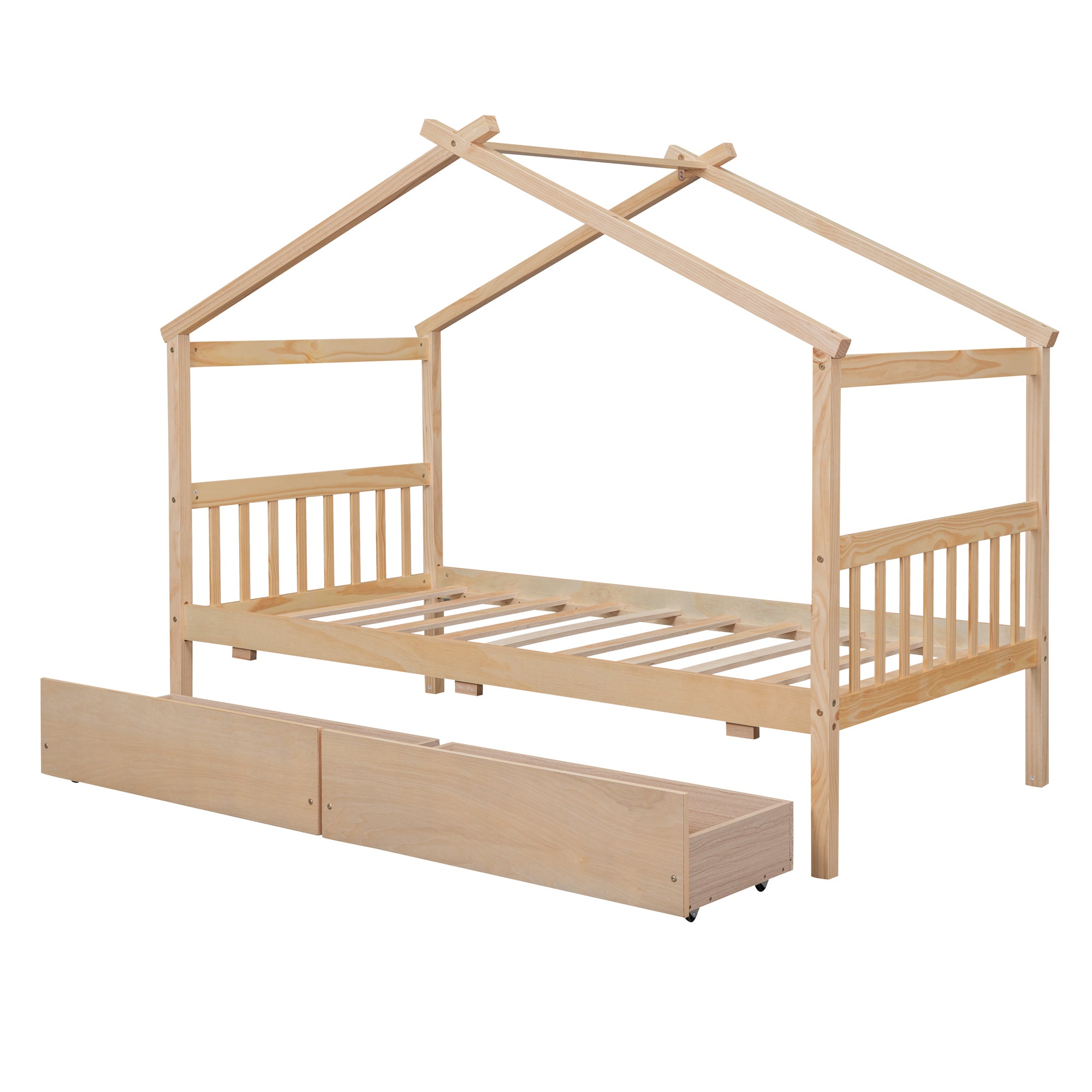 Twin Size Wooden House Bed with Drawers, Natural - Atlantic Fine Furniture Melbourne FL