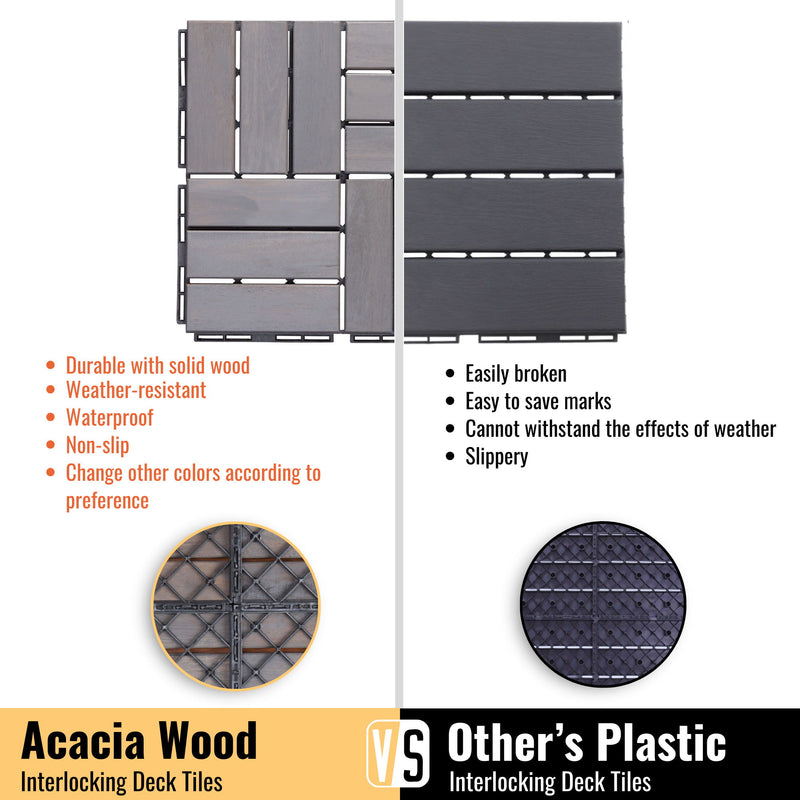 Interlocking Deck Tiles Checker Pattern, Square Acacia Hardwood Outdoor Flooring For Patio, Bancony, Pool Side