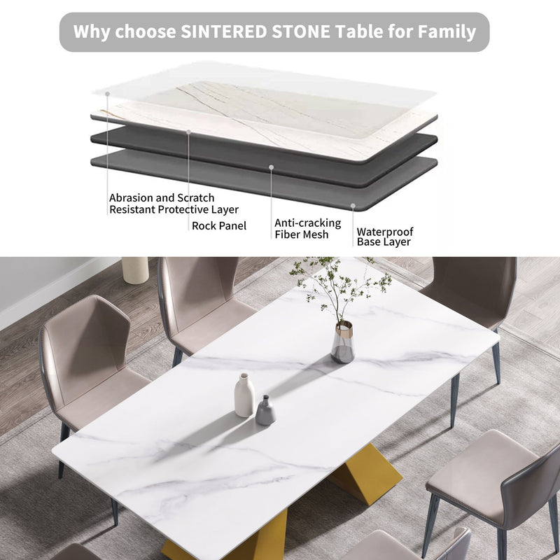 70.87" Modern Artificial Stone White Straight Edge Metal Leg Dining Table - White / Gold