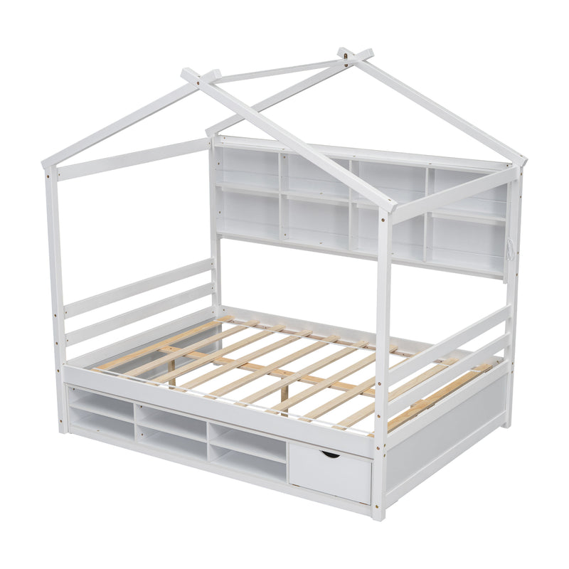 House Bed With Roof Frame, Bedside-Shelves, Under Bed Storage Unit