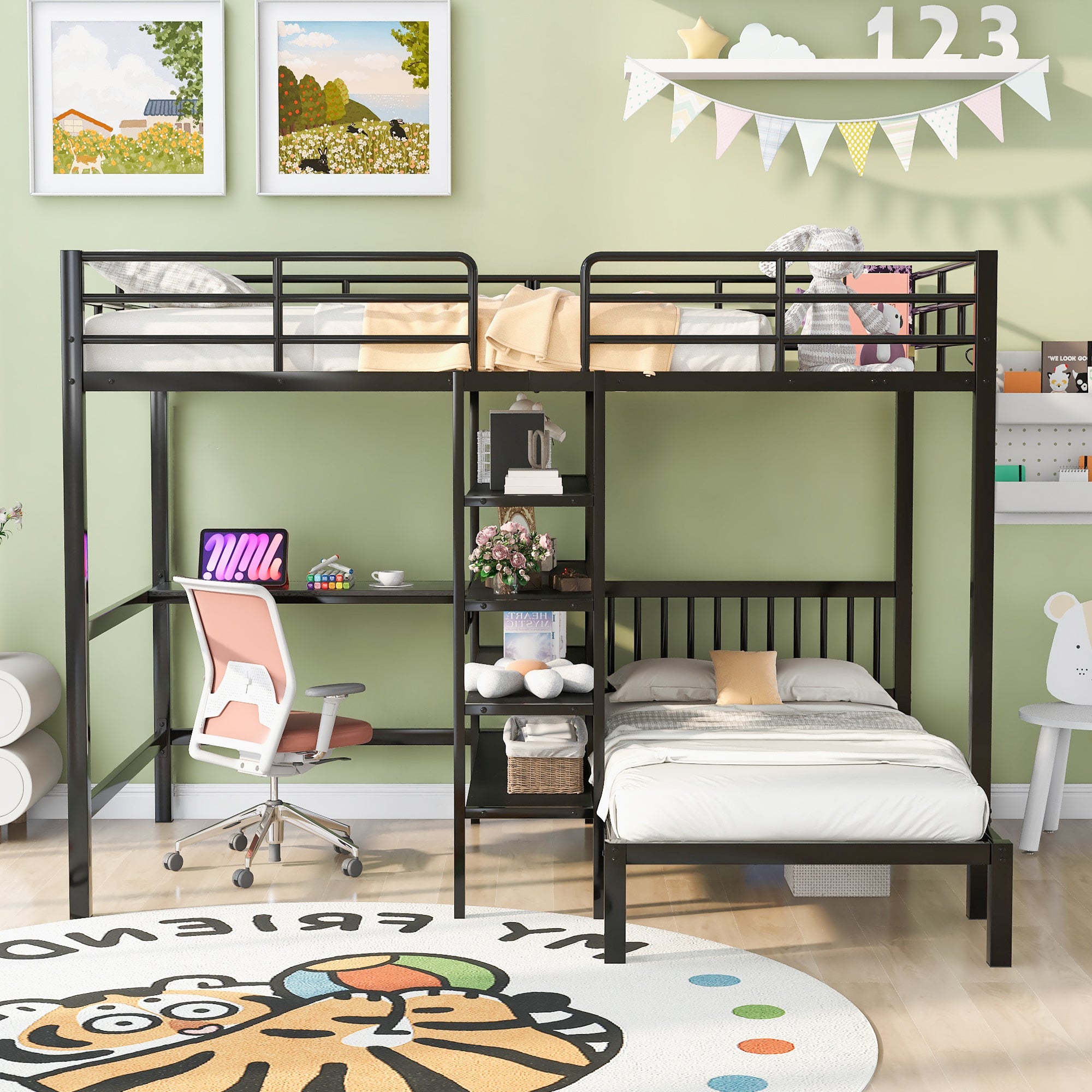 Full Over Twin Metal Bunk Bed with Built-in Desk, Shelves and Ladder, Black - Atlantic Fine Furniture Melbourne FL