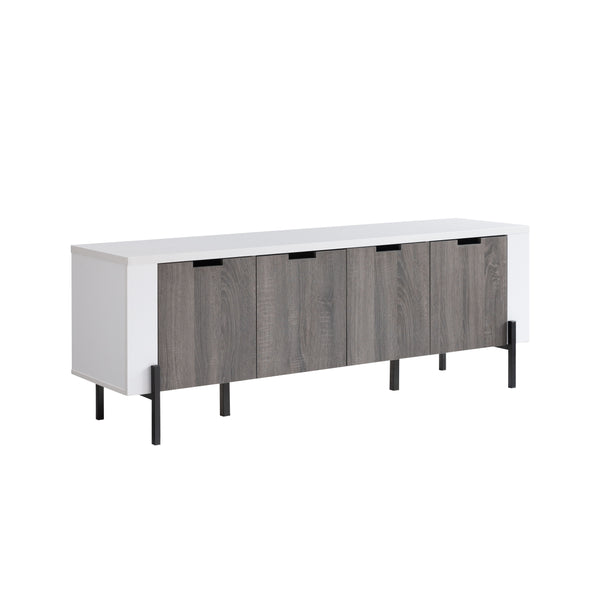 TV Stand With Metal Legs, Four Door Cabinets, And Euro Hinges Spacious Three Cabinet Storage - White / Distressed Gray