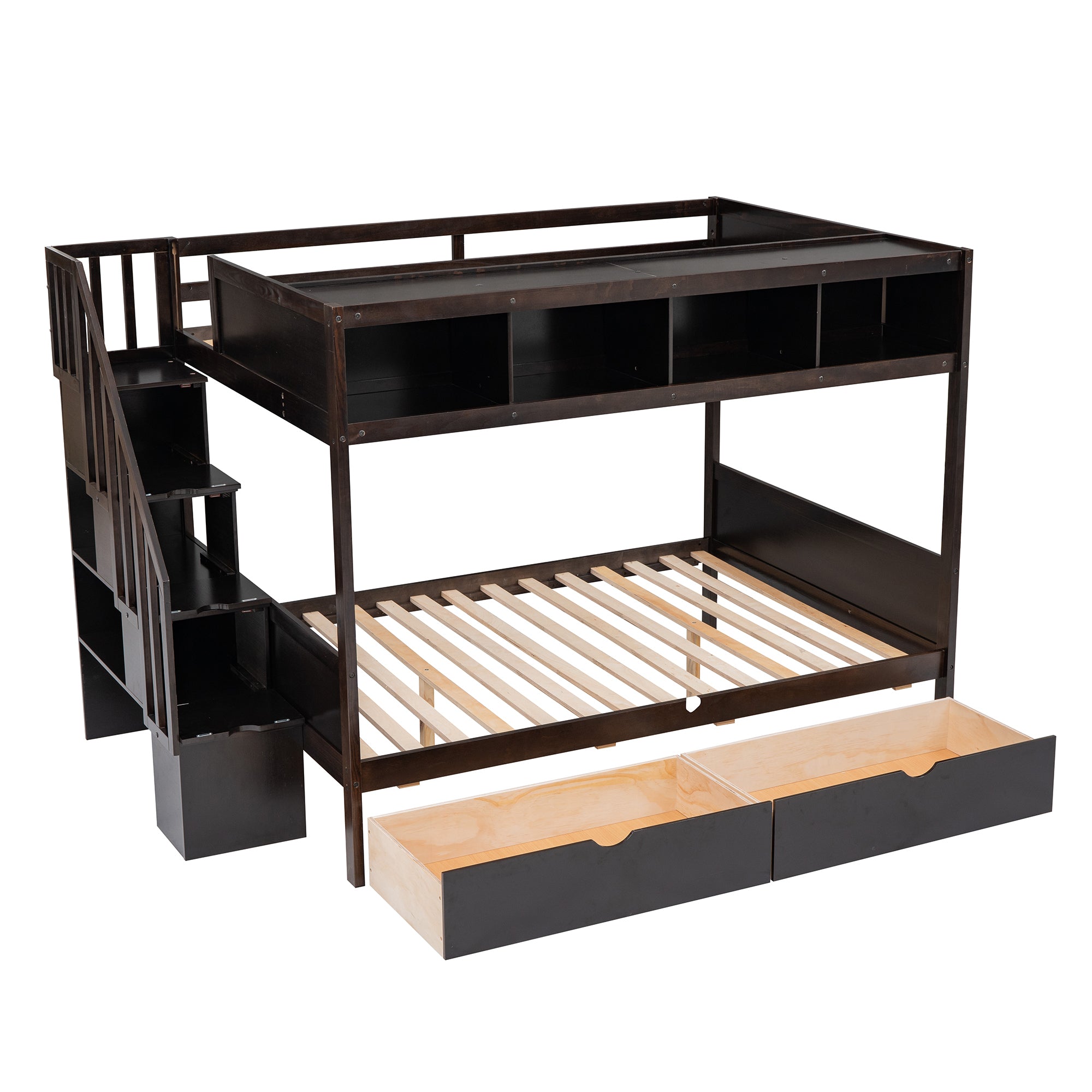 Twin over Full Bunk Bed with Shelfs, Storage Staircase and 2 Drawers, Espresso - Atlantic Fine Furniture Melbourne FL