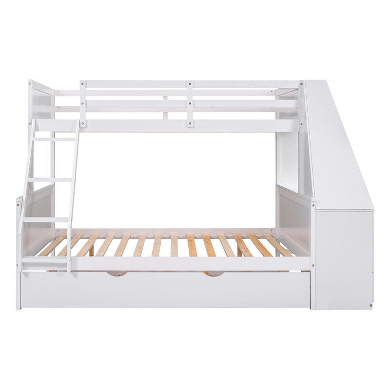 Twin Over Full Bunk Bed With Trundle And Built-In Desk, Three Storage Drawers And Shelf - White