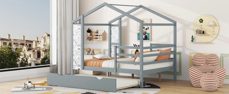 Full Size Wood House Bed with Fence and Writing Board, Gray