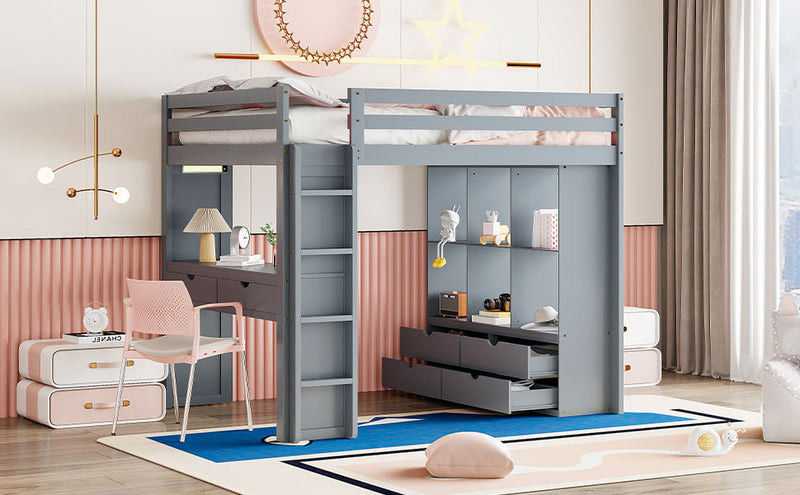 Full Size Loft Bed with large shelves, writing desk and LED Light, Gray
