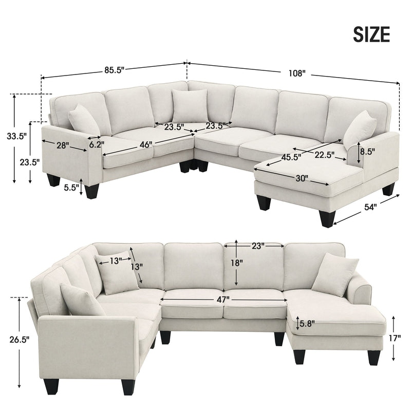 Modern U Shape Sectional Sofa, 7 Seat Fabric Sectional Sofa Set With 3 Pillows Included For Living Room, Apartment, Office