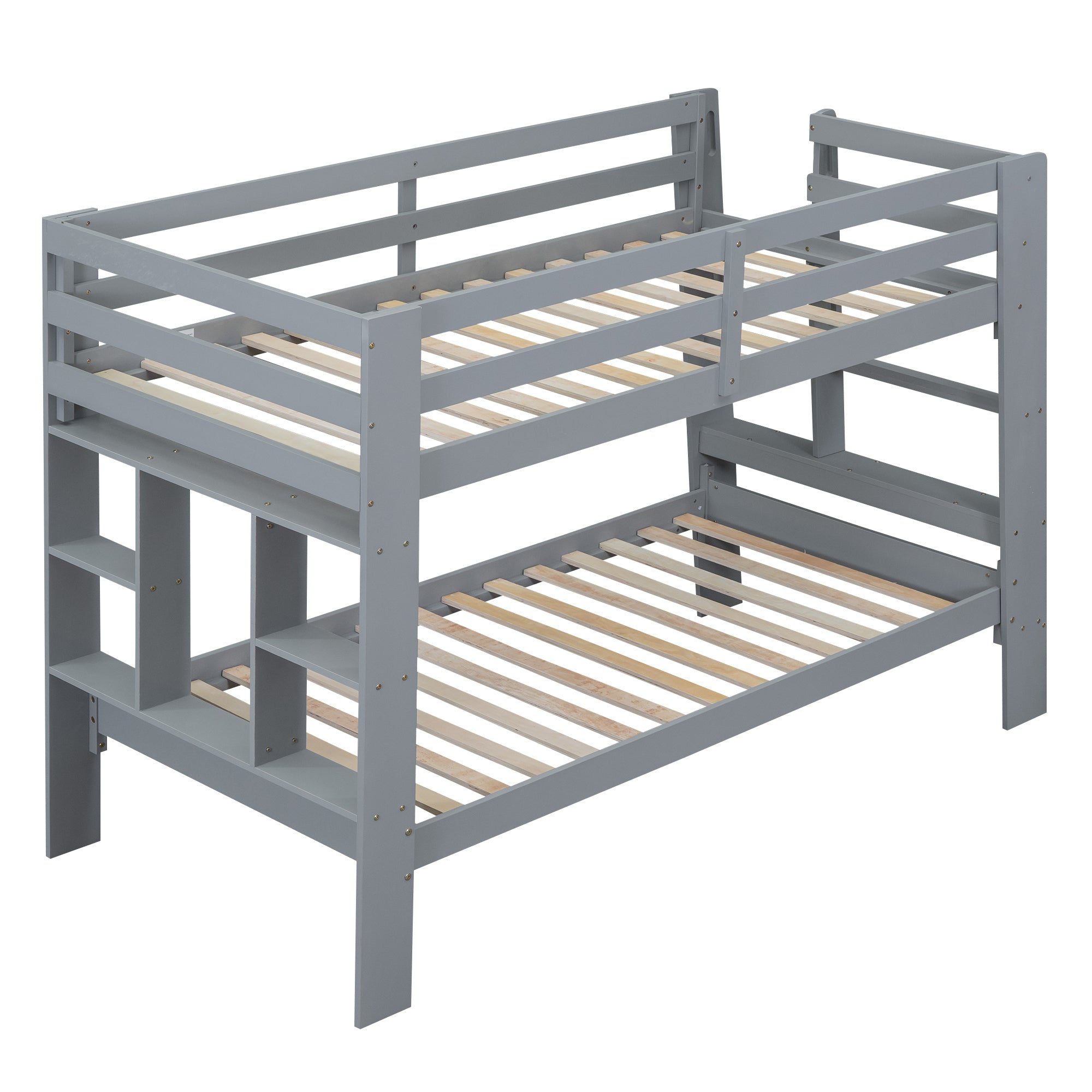 Twin over Twin Bunk Bed with Shelves and Built-in Ladder, Gray - Atlantic Fine Furniture Melbourne FL