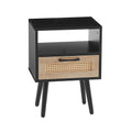 15.75" Rattan End Table With Power Outlet & USB Ports, Modern Nightstand With Drawer And Solid Wood Legs, Side Table For Living Room, Bedroom