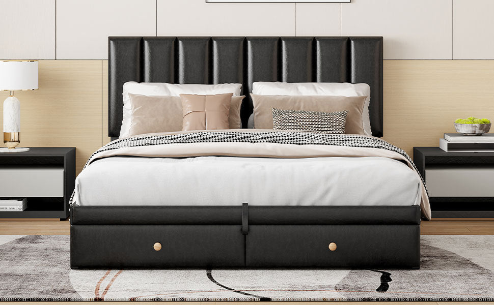 Queen Size Upholstered Bed with Hydraulic Storage System and Drawer, Black - Atlantic Fine Furniture Melbourne FL