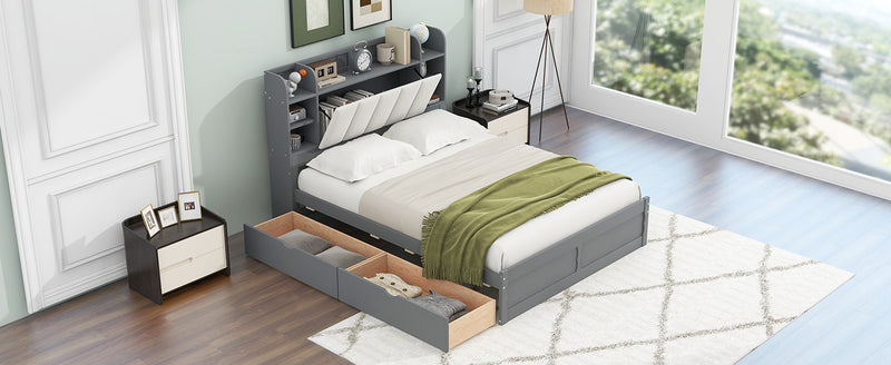 Wood Queen Size Platform Bed with Storage Headboard, Shelves and 2 Drawers, Gray