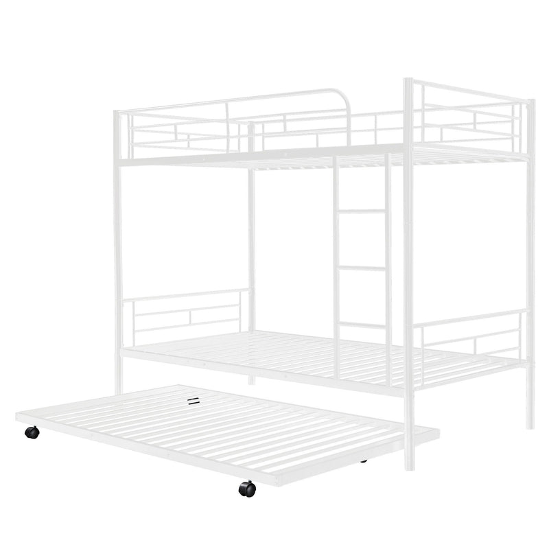 Twin Over Twin Metal Bunk Bed With Trundle, Can Be Divided Into Two Beds, No Box Spring Needed - White