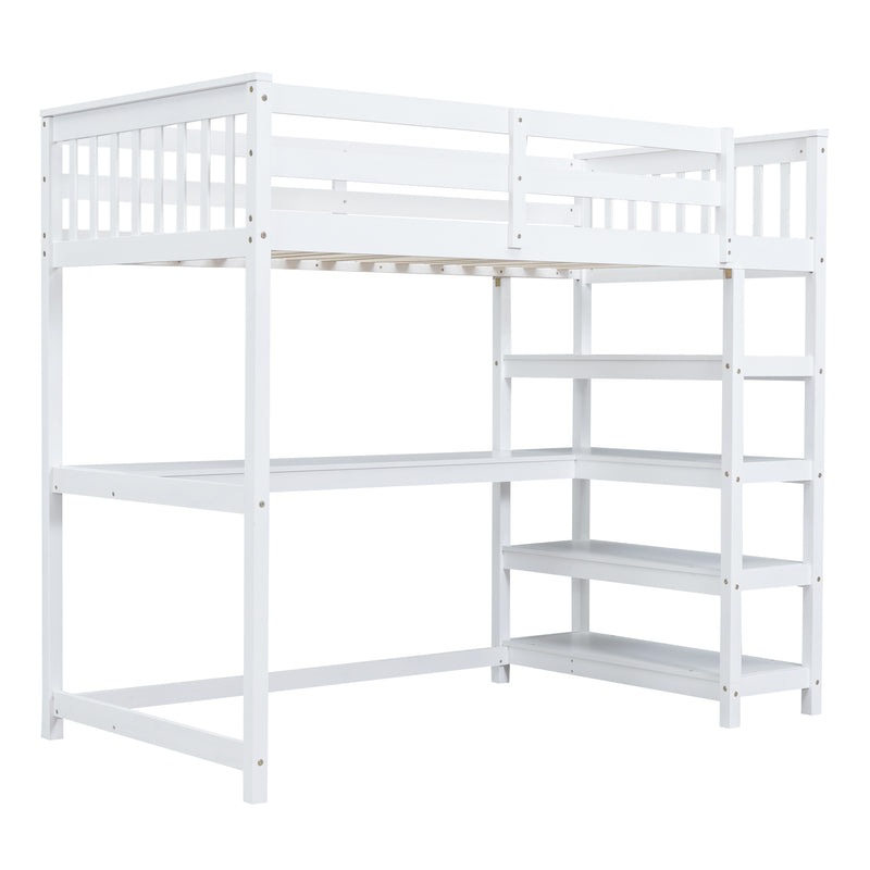 Twin Size Loft Bed with Storage Shelves and Under-bed Desk, White