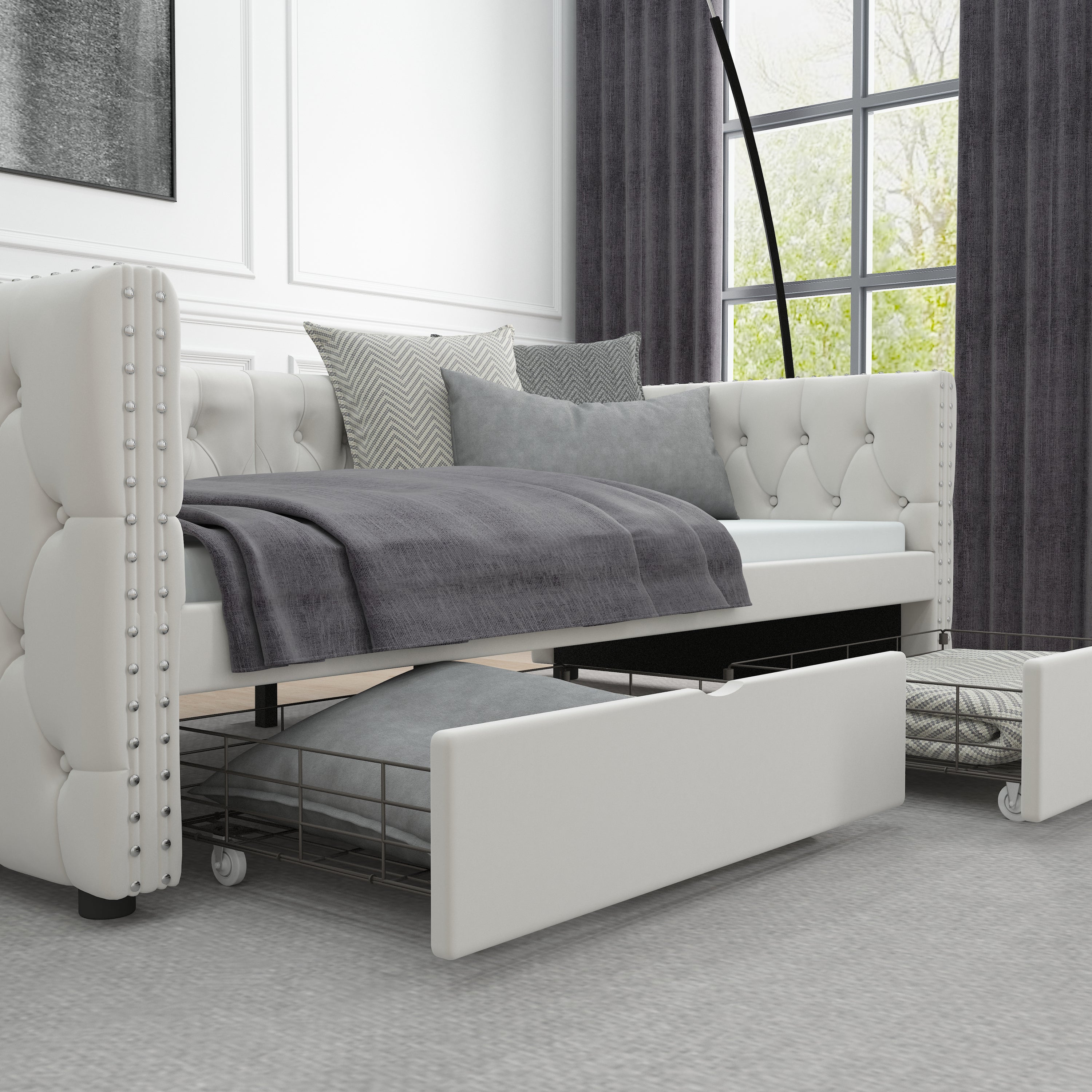 Twin Size Daybed with Drawers Upholstered Tufted Sofa Bed, with Button on Back and Copper Nail on Waved Shape Arms, velvet(79.5"x41.5"x26.5") - Atlantic Fine Furniture Melbourne FL