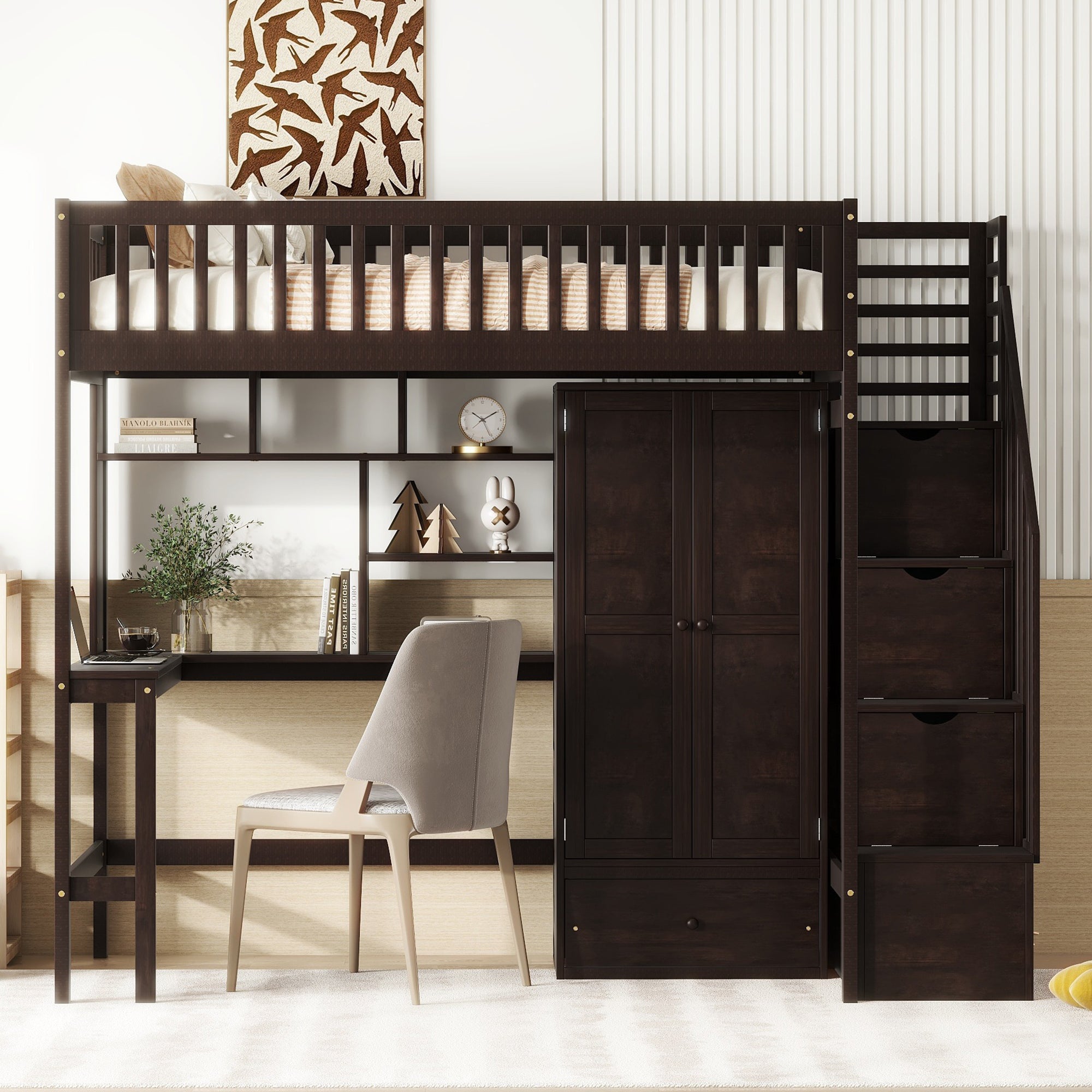 Twin size Loft Bed with Bookshelf,Drawers,Desk,and Wardrobe-Espresso - Atlantic Fine Furniture Melbourne FL
