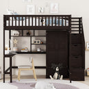 Full size Loft Bed with Bookshelf,Drawers,Desk,and Wardrobe-Espresso