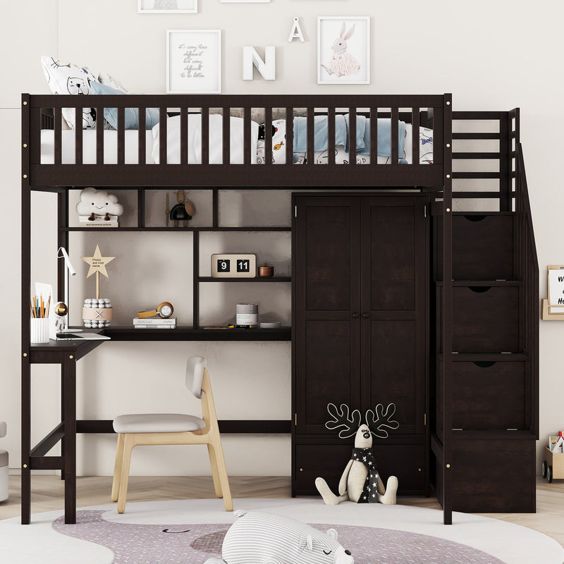 Full size Loft Bed with Bookshelf,Drawers,Desk,and Wardrobe-Espresso