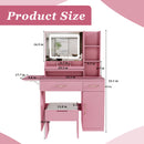 Vanity Desk With LED Mirror Lights And Power Outlet Charging Station, 3 Drawers, 7 Shelves, Storage Stool - Pink