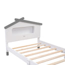 Twin Size Wood Platform Bed with House-shaped Headboard and Motion Activated Night Lights (White+Gray)