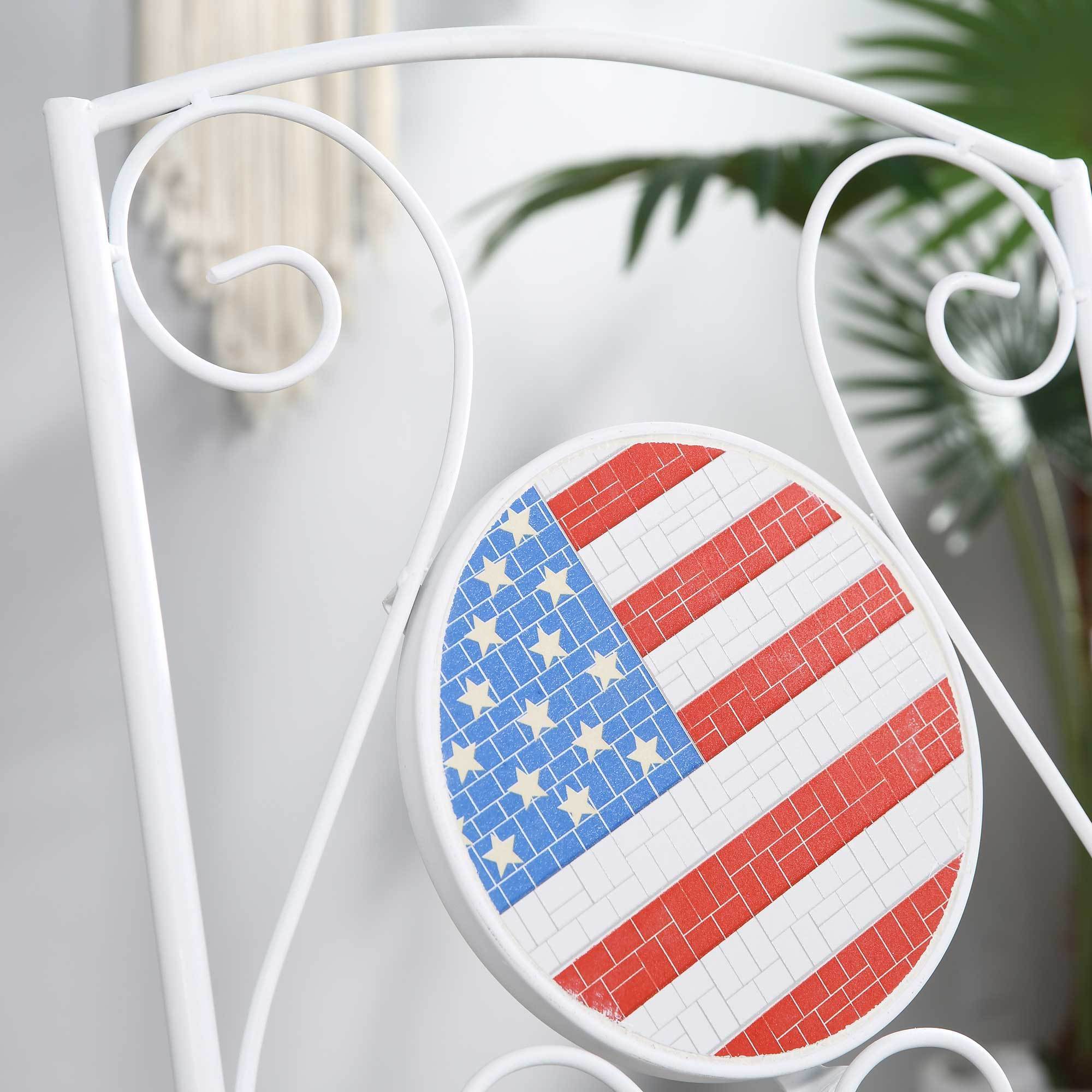 3 Piece Patio Bistro Set, Folding Outdoor Furniture with USA Mosaic Table and Chairs, 
Portable Metal Frames for 4th of July, Balcony, Backyard, Poolside, Porch, American Flag