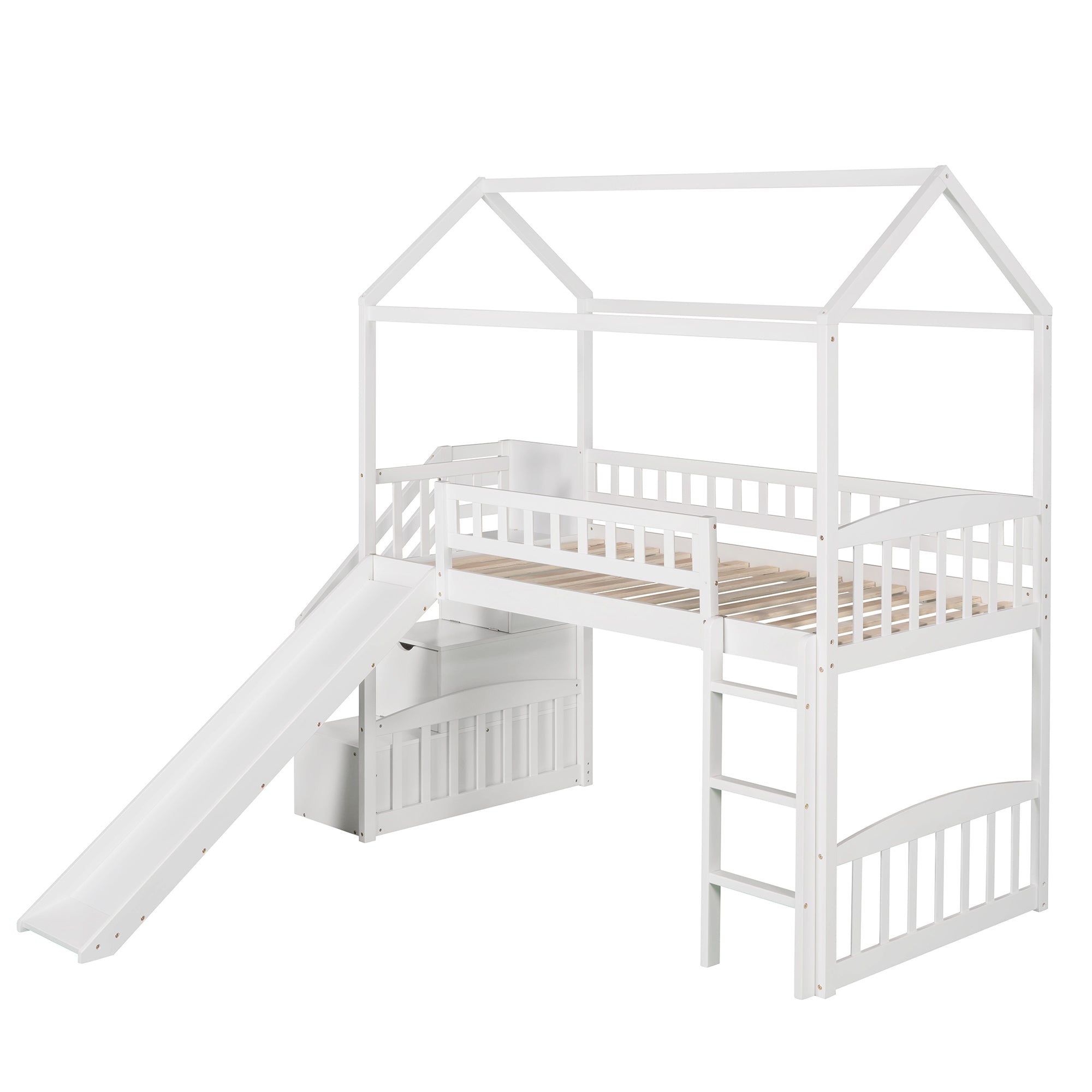 Twin Loft Bed with Two Drawers and Slide, House Bed with Slide, White (Old SKU: LP000130AAK) - Atlantic Fine Furniture Melbourne FL