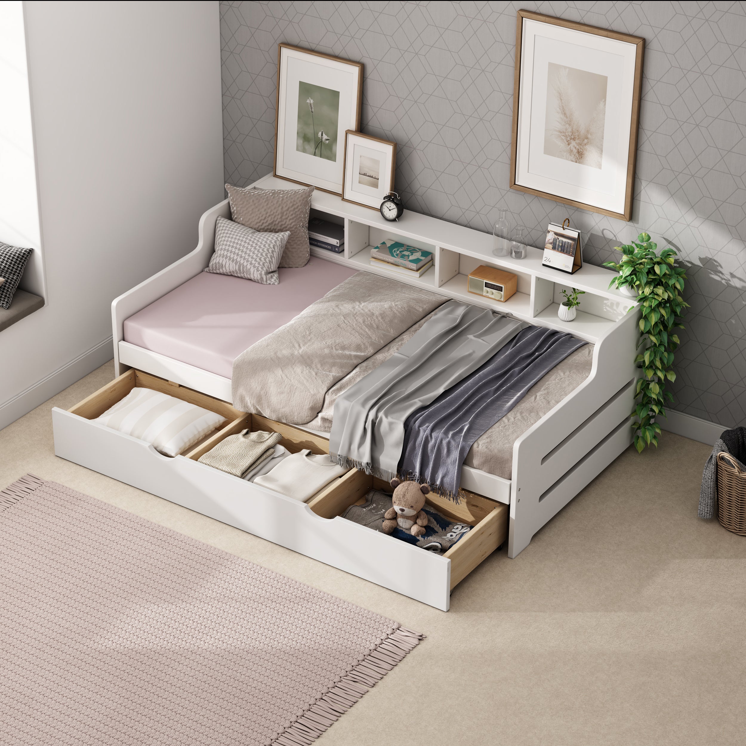 Twin Size Wooden Day Bed with 3 Trawers for Guest Room, Small Bedroom, Study Room, White - Atlantic Fine Furniture Melbourne FL
