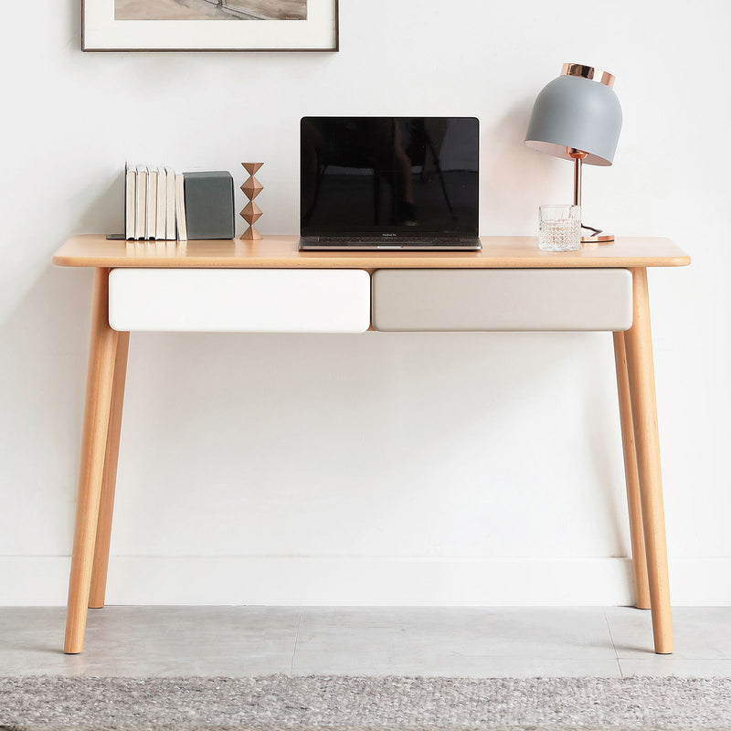 Computer Desk Large Size Office Desk With 2 Drawers, Modern Simple Style PC Table With Gap Design For Home Office - White / Gray