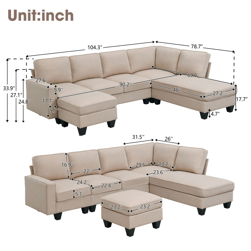 Modern L-Shaped Sectional Sofa, 7-Seat Linen Fabric Couch Set With Chaise Lounge And Convertible Ottoman For Living Room, Apartment, Office