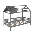 Twin Size Wood House Bed with Fence, Gray