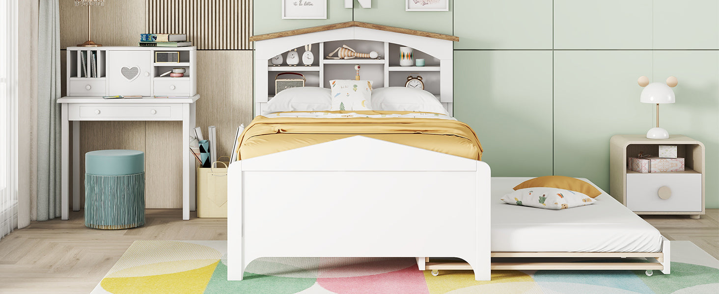 Twin Size Wood Platform Bed with House-shaped Storage Headboard and Trundle, White - Atlantic Fine Furniture Melbourne FL