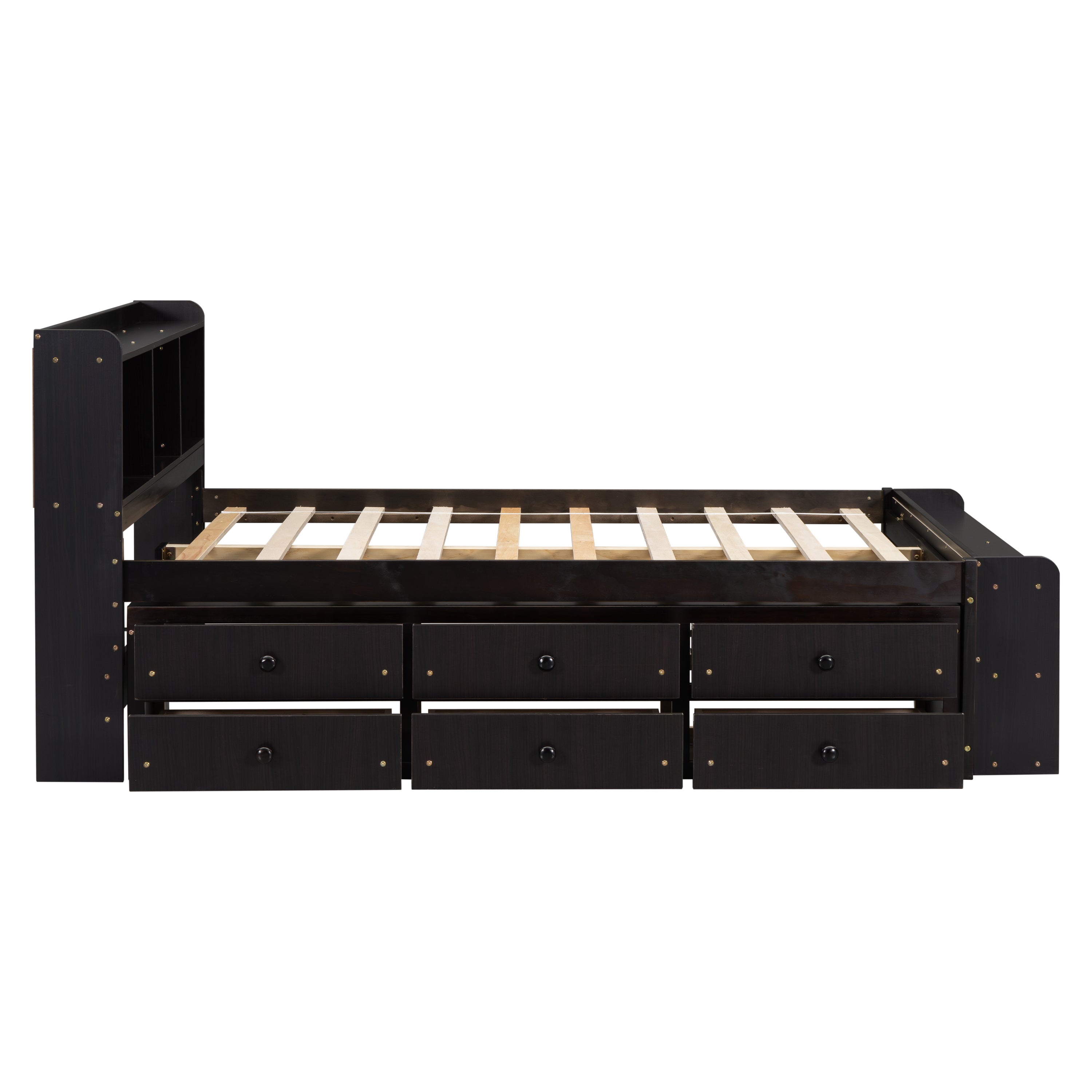 Full Bed with Bookcase Headboard, Under bed Storage Drawers and Bed End Storage Case,Espresso