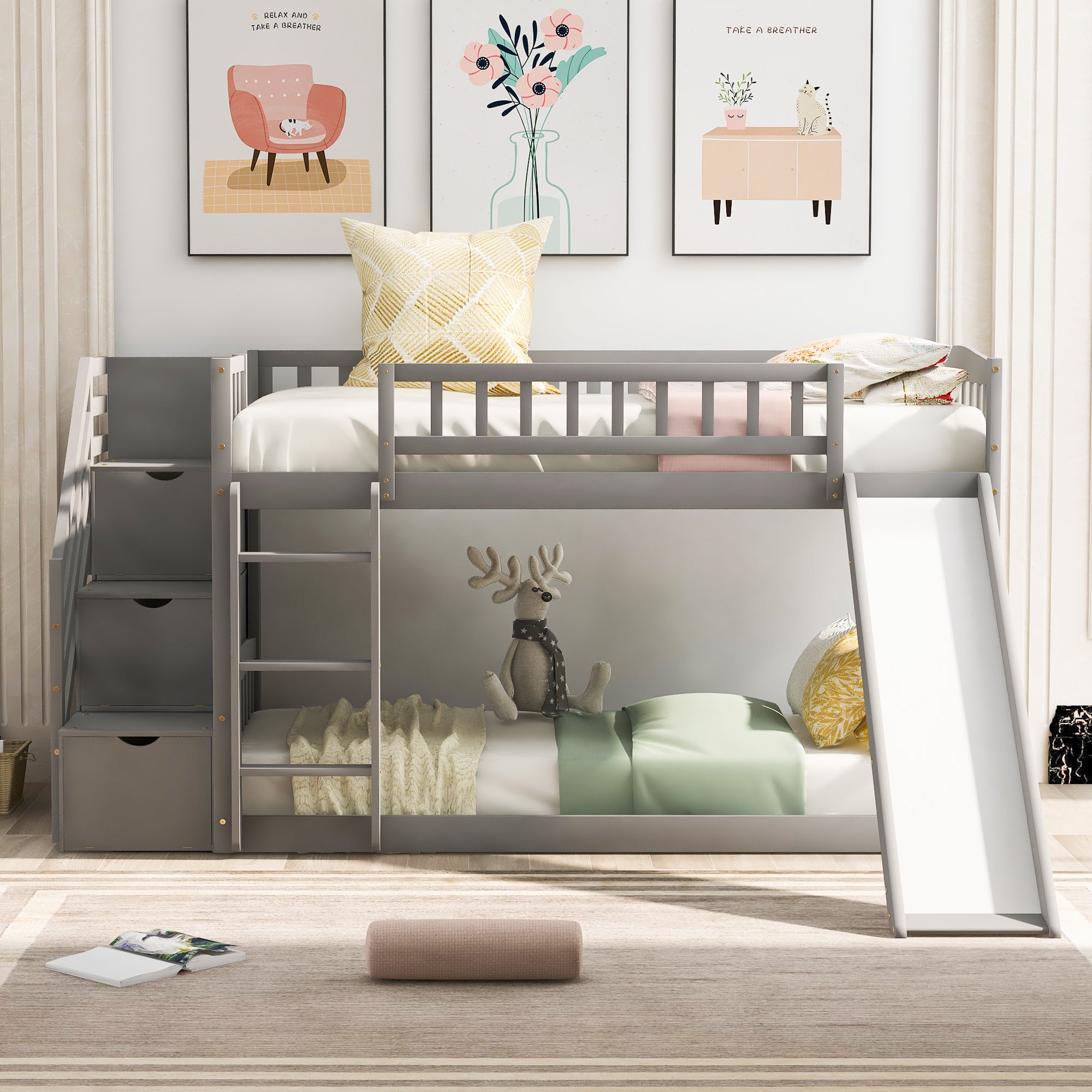 Stairway Twin over Twin Bunk Bed with Two Drawers and Slide, Gray(OLD SKU :LT000155AAE) - Atlantic Fine Furniture Melbourne FL