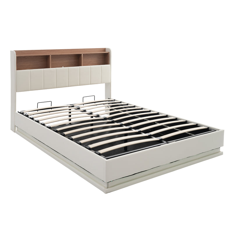 Queen Size  Upholstered Platform Bed with Storage Headboard and Hydraulic Storage System, PU Storage Bed with LED Lights and USB charger, White