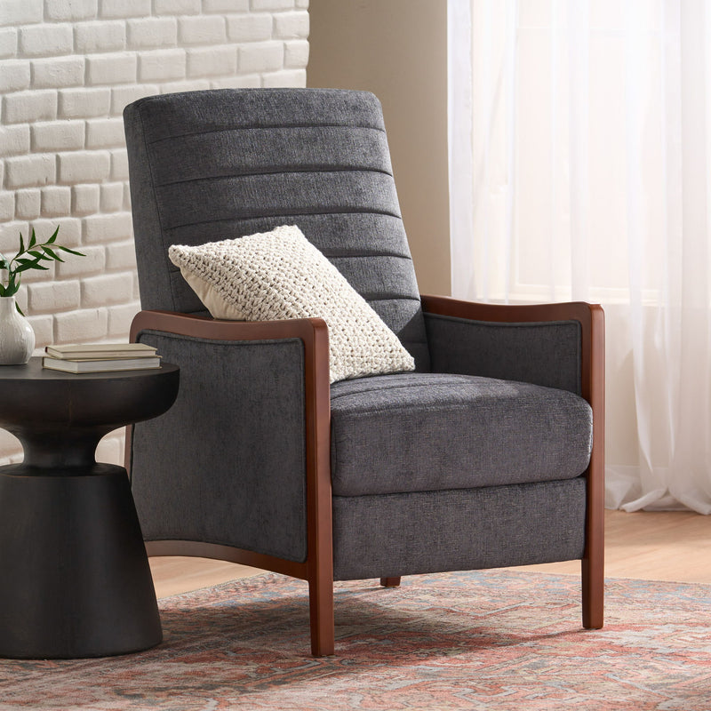 Mendota - Mid Century Modern Fabric Channel Stitch Wood Pushback Recliner - Gray