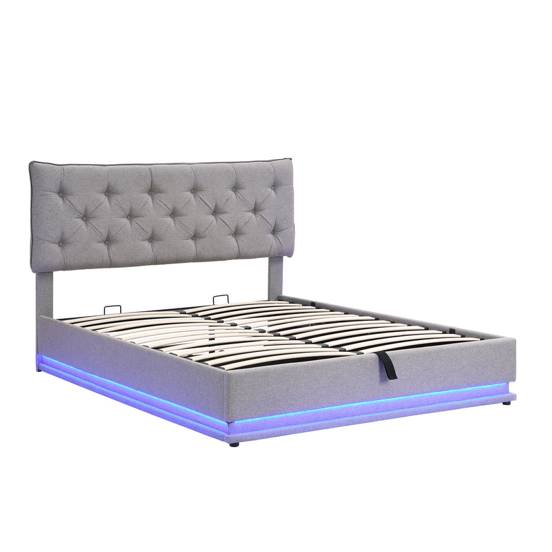 Upholstered Bed With Hydraulic Storage System And LED Light, Modern Platform Bed With Button-Tufted Design Headboard