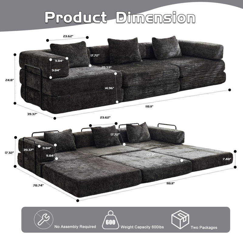 Convertible Floor Sofa Bed With Fixed Shape Frame, Boneless Modular Sectional Sofa, For Living Room - Black