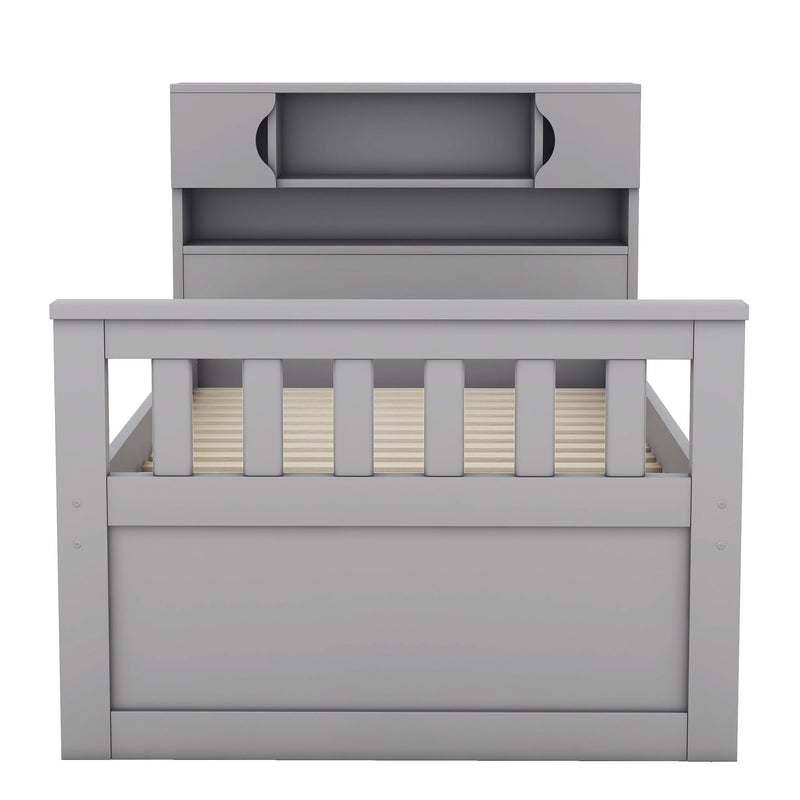 Captain Platform Bed Frame With Storage Bookcases, Shelves, And 4 Drawers